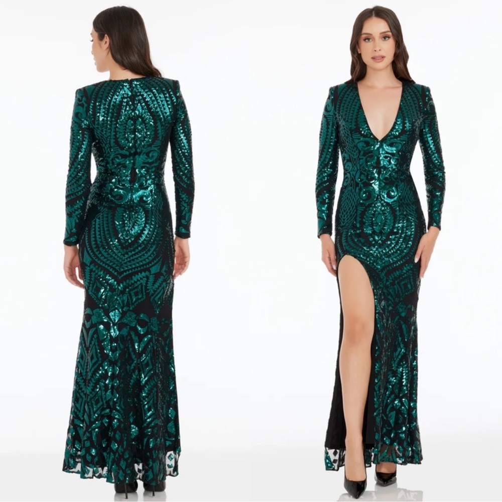 Dress The Population Alessandra Sequin Maxi Gown in Emerald Black Size XS NWOT